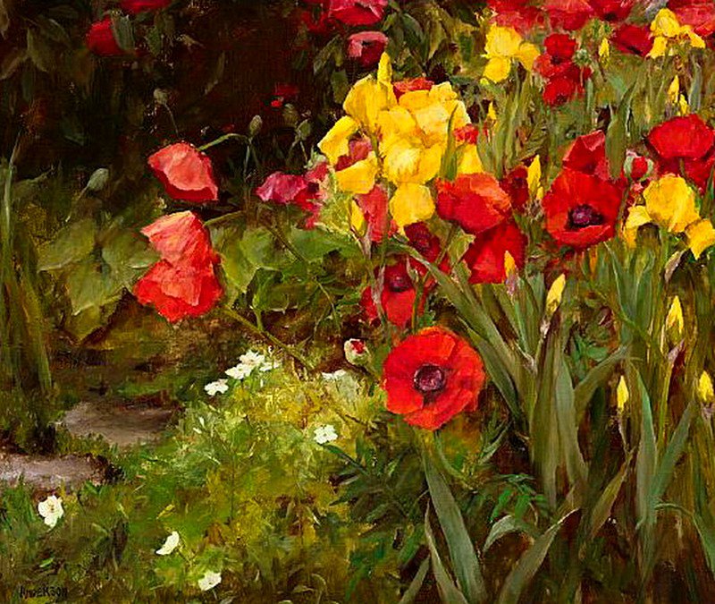 Poppies and Irises, vintage artwork by Anthonore Christensen, 12x8" (A4) Poster