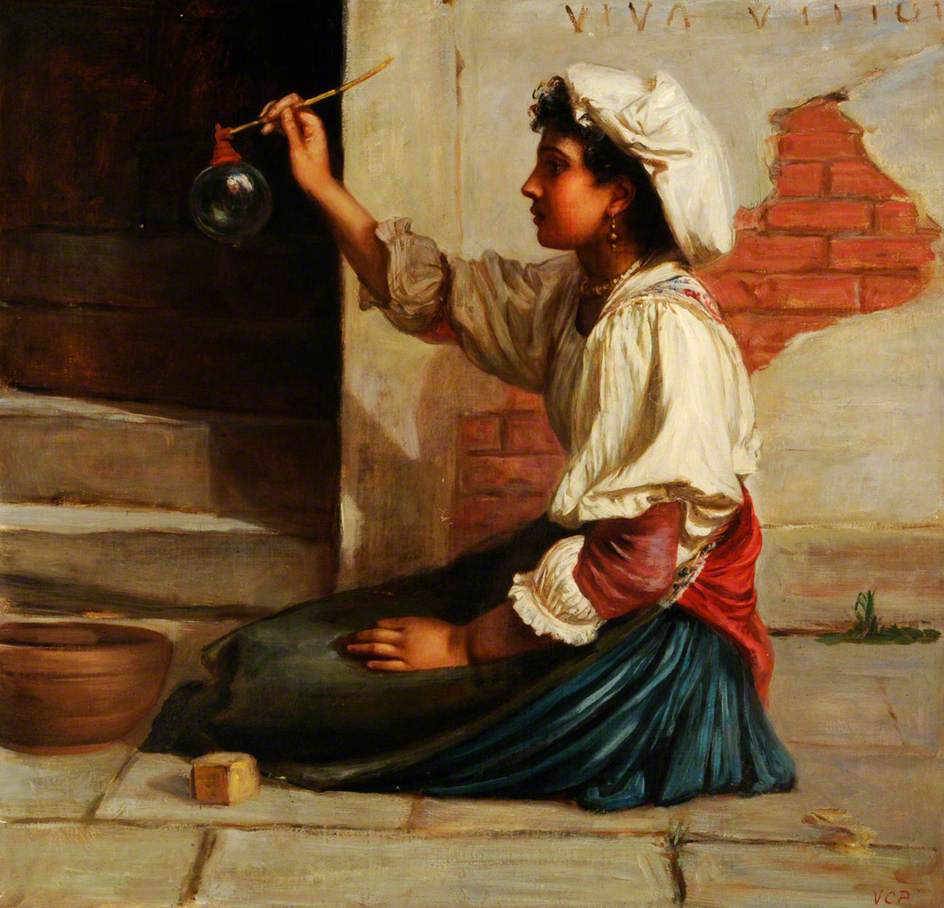 Girl Blowing Soap Bubbles, vintage artwork by Valentine Cameron Prinsep, 12x8" (A4) Poster