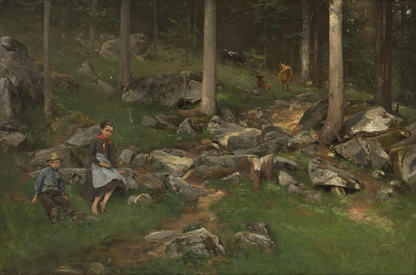 Part Of A Wood With Girl, Boy And Cows by Axel Hjalmar Ender,A3(16x12")Poster