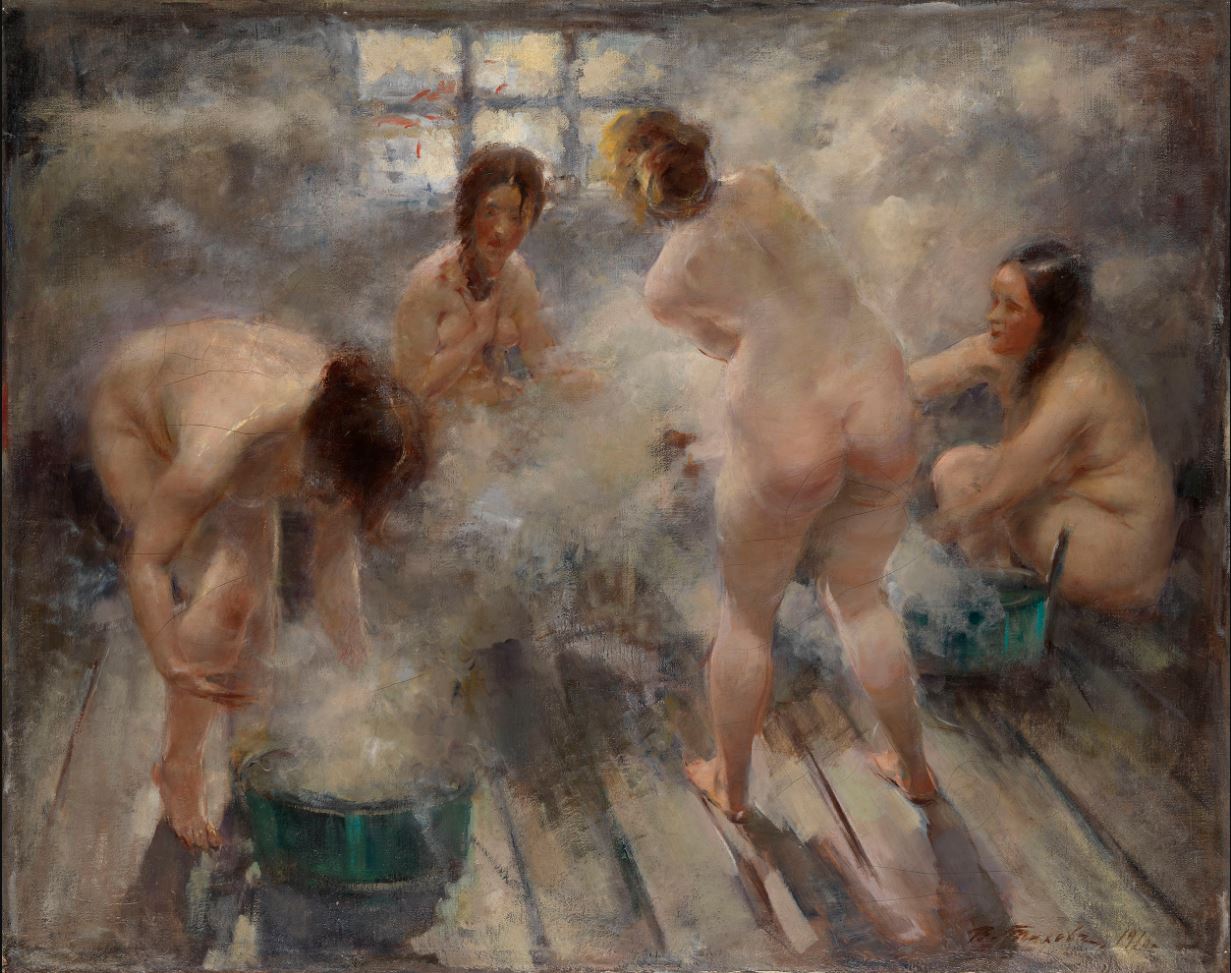In a Russian Bath House, vintage artwork by Vitaly Tikhov, 12x8" (A4) Poster