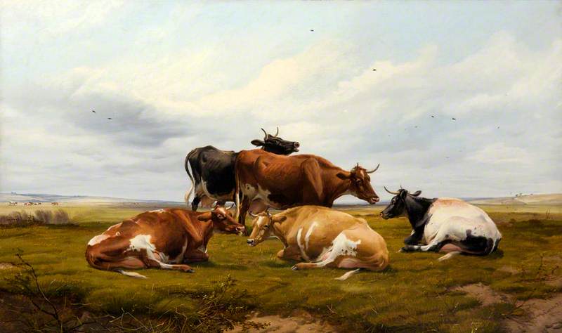 Five Cows in a Landscape, vintage artwork by Thomas Sidney Cooper, A3 (16x12") Poster Print