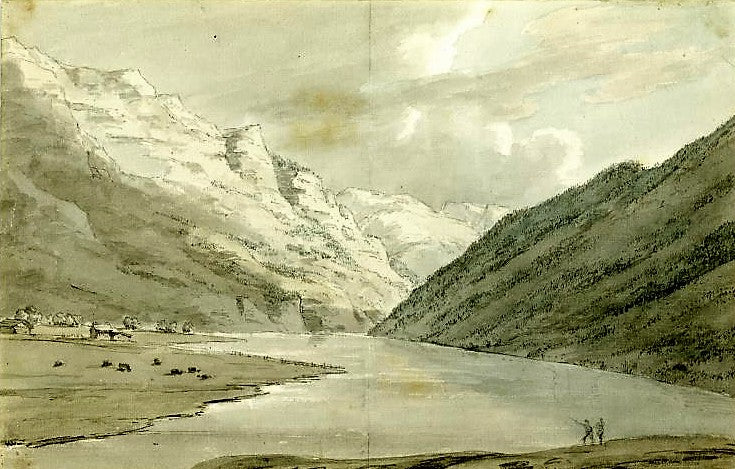 Lake of Klöntal from the East, vintage artwork by John Robert Cozens, 12x8" (A4) Poster