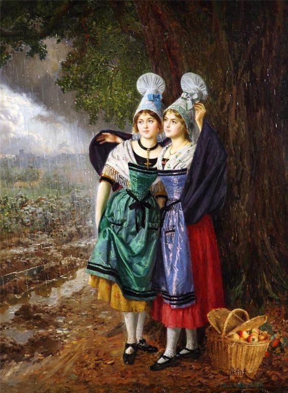 Sheltering from the Rain, vintage artwork by Basile Lemeunier, 12x8" (A4) Poster