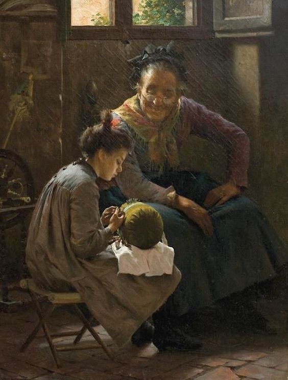 Lace Making, vintage artwork by Pompeo Massani, 12x8" (A4) Poster