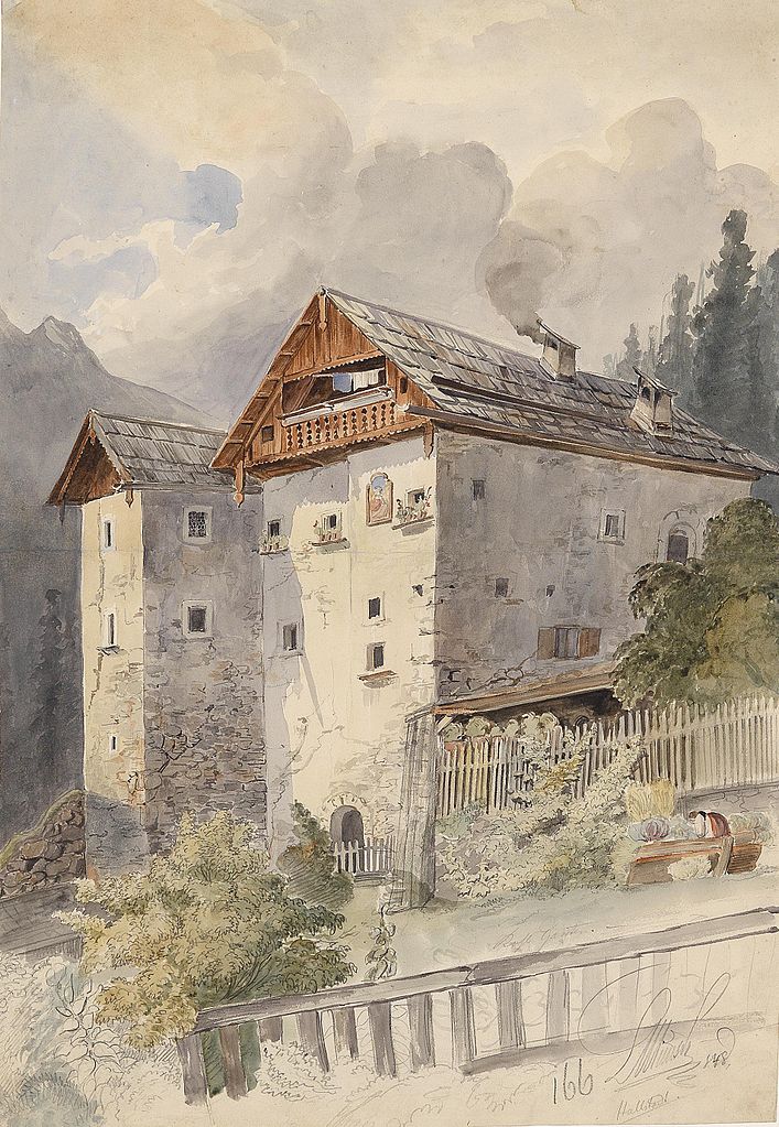 Old houses in Hallstatt, vintage artwork by Leopold Munsch, 12x8" (A4) Poster