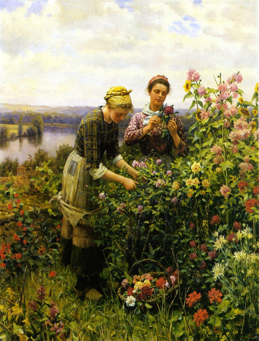 Flower Girls, vintage artwork by Daniel Ridgway Knight, 12x8" (A4) Poster
