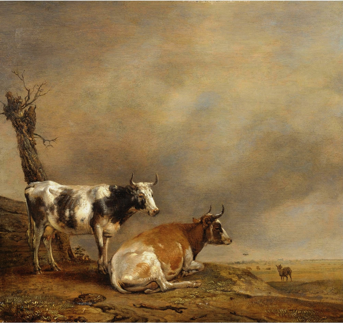 Two Cows and a Goat by a Pollarded Tree in a Landscape with other Cows, vintage artwork by Paulus Potter, 12x8" (A4) Poster