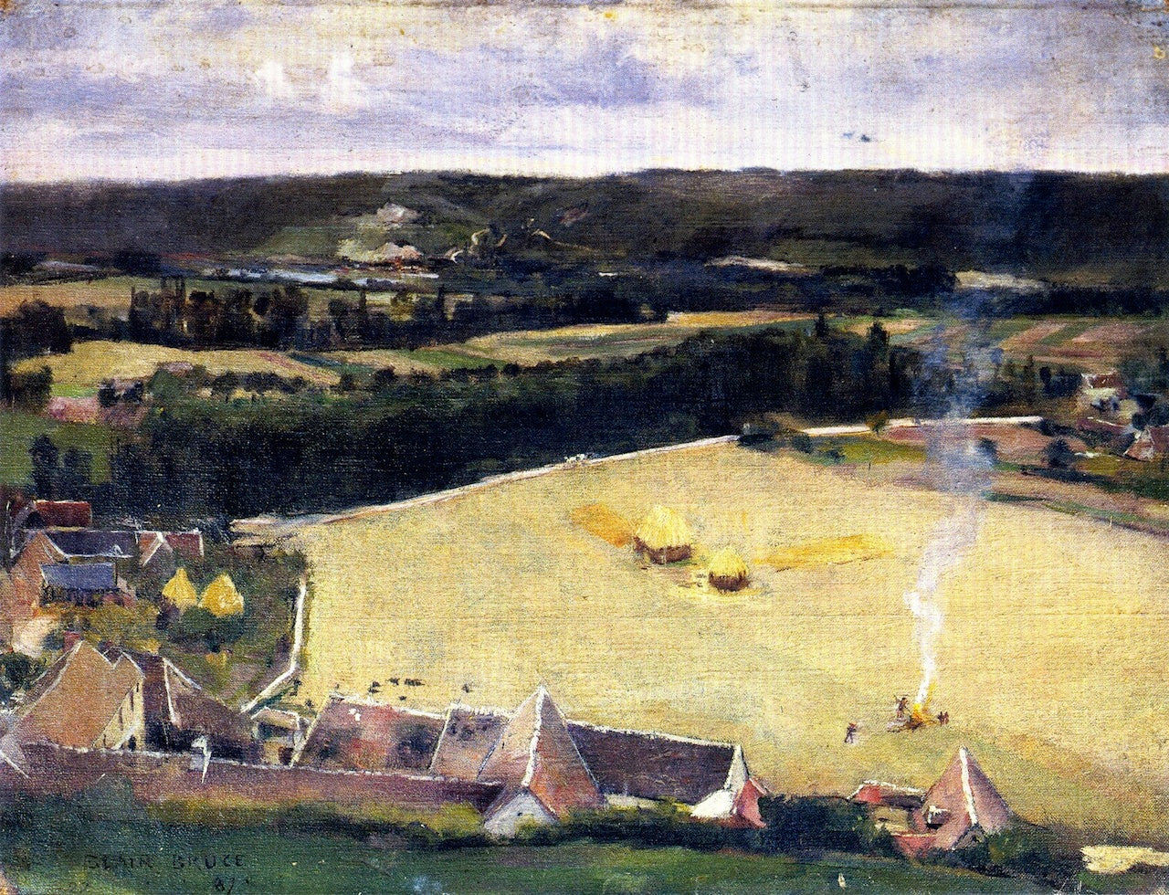 Hayfield and Houses, Giverny, vintage artwork by William Blair Bruce, 12x8" (A4) Poster