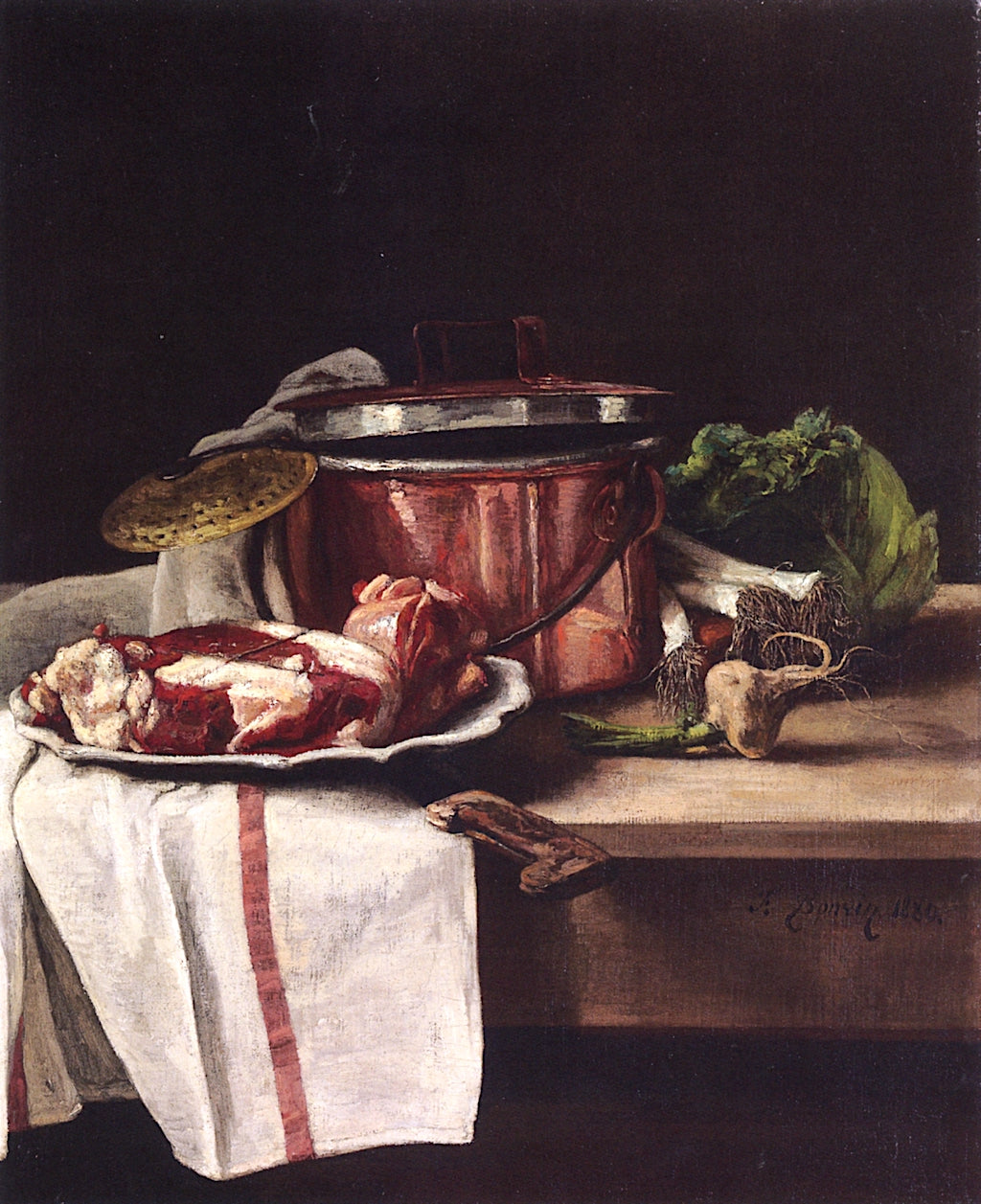 Still Life with Cabbage, Leeks, Garlic and Beef by a Copper Pot, vintage artwork by François Bonvin, A3 (16x12") Poster Print