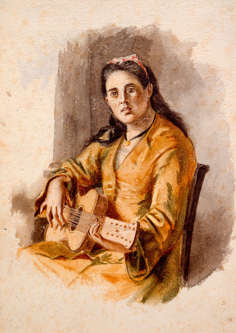 La Guitarrista, vintage artwork by Felipe Santiago Gutierrez, 12x8" (A4) Poster