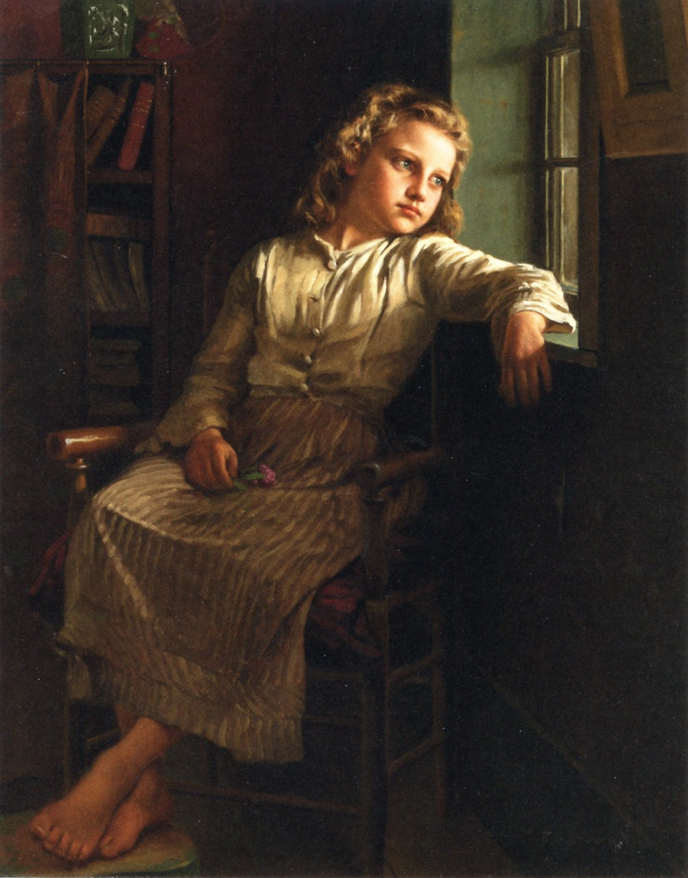 Girl at the Window, vintage artwork by John George Brown, 12x8" (A4) Poster