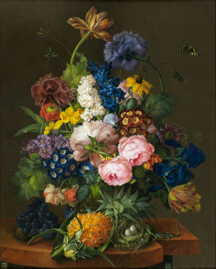 Bouquet of flowers, pineapple and nest on a ledge, vintage artwork by Franz Xavier Petter, A3 (16x12") Poster Print