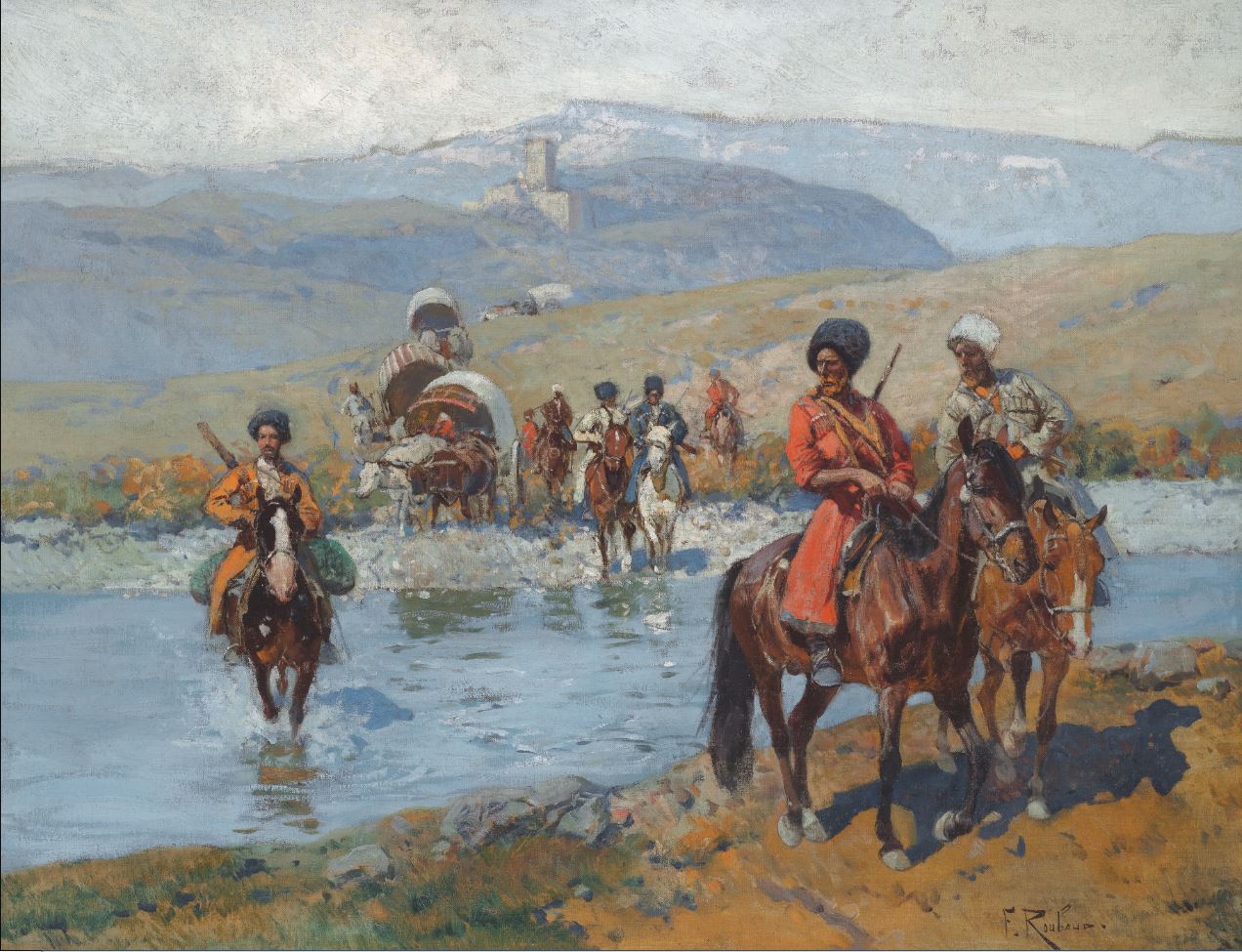 Crossing the River, vintage artwork by Franc Alekseevich Rubo, 12x8" (A4) Poster