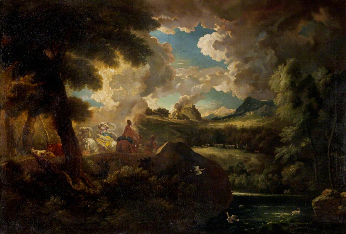 A Wooded Landscape with Figures and Stormy Sky by the Sea Coast, vintage artwork by Pieter Mulier the Younger, 12x8" (A4) Poster