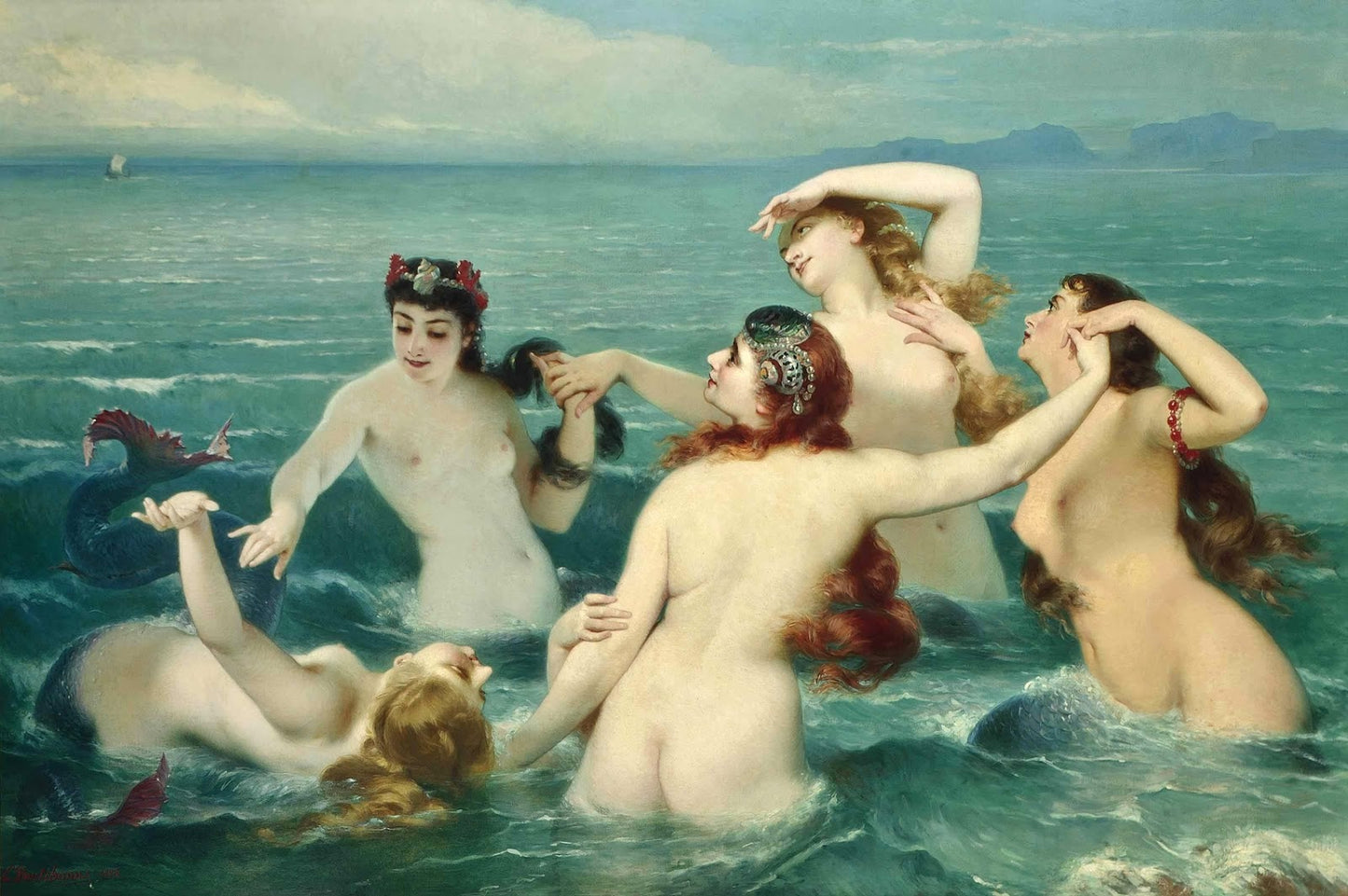 Mermaids frolicking, vintage artwork by Charles Edouard Boutibonne, A3 (16x12") Poster Print