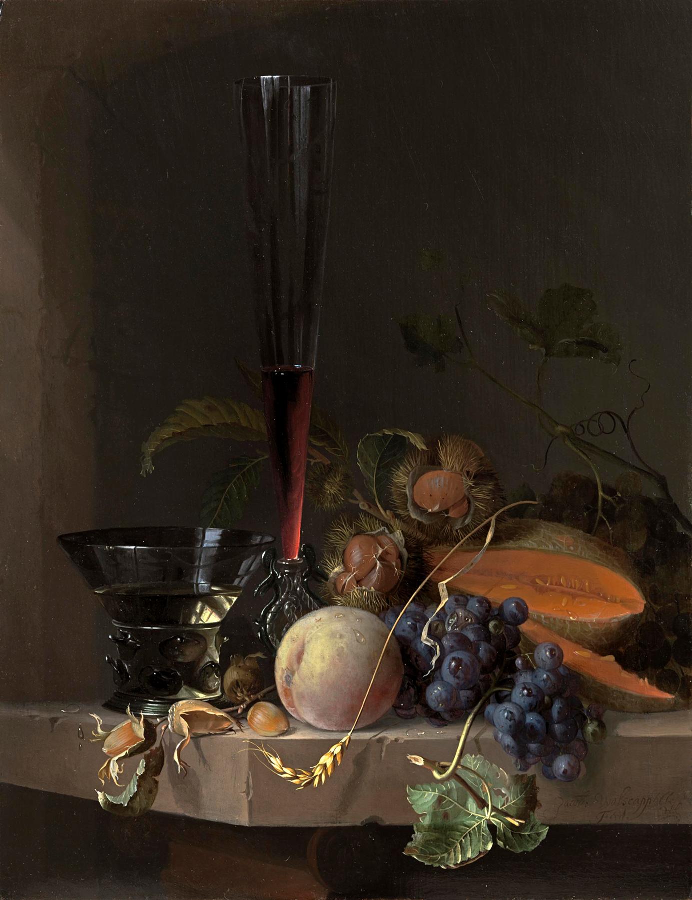 A still life of fruit and nuts and two glasses on a stone ledge before a niche, vintage artwork by Jacob van Walscapelle, 12x8" (A4) Poster
