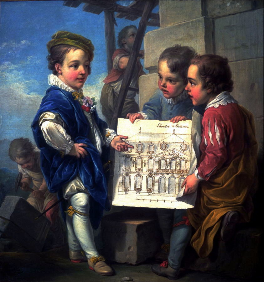 Allegories of the Fine Arts as Children - Architecture, vintage artwork by Carle van Loo, 12x8" (A4) Poster