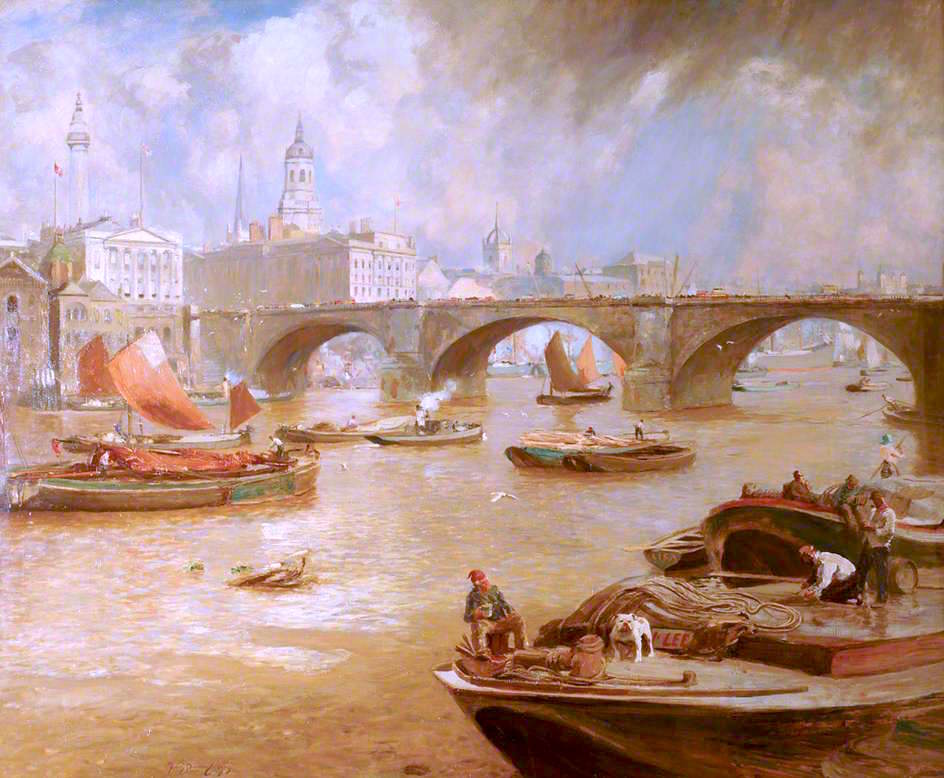 London Bridge from Bankside, London, vintage artwork by Sir David Scott Murray, 12x8" (A4) Poster