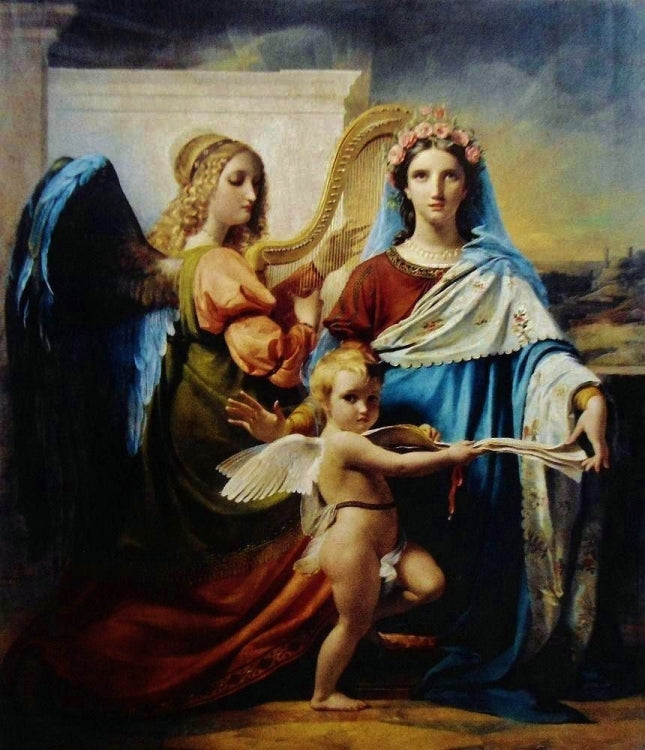 Sainte Cecile et un ange jouant de la harpe, vintage artwork by François Joseph Navez, 12x8" (A4) Poster