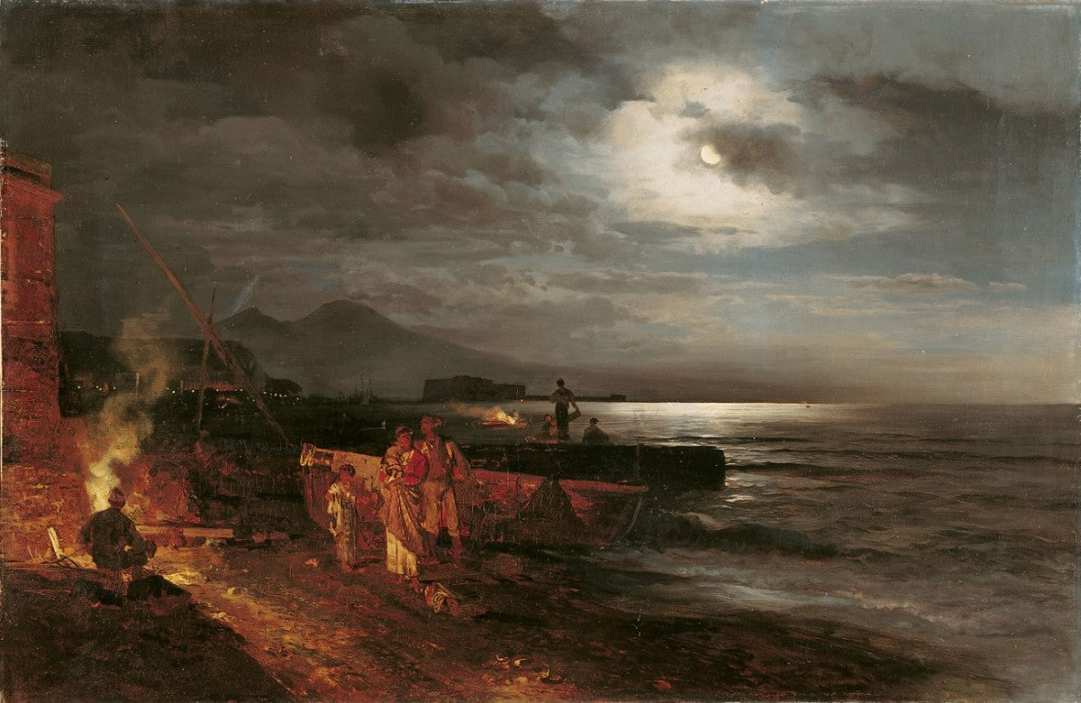 The Bay of Naples by Moonlight, vintage artwork by Oswald Achenbach, 12x8" (A4) Poster