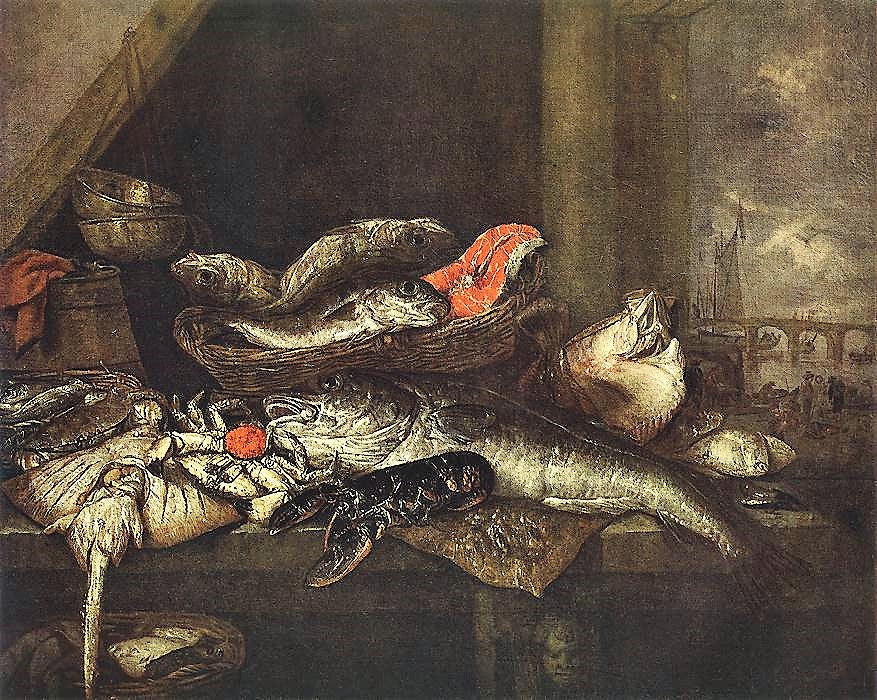 Still Life with Fishes, vintage artwork by Abraham van Beyeren, 12x8" (A4) Poster