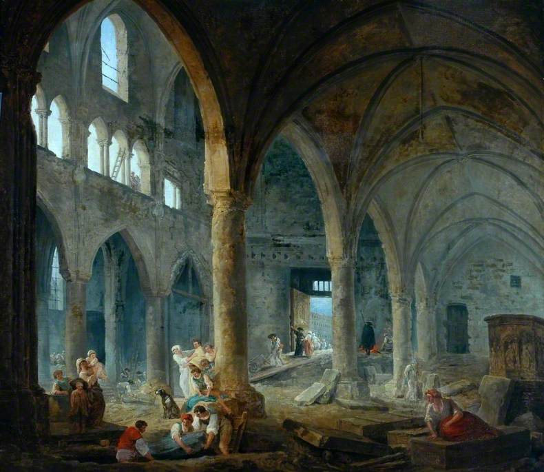 The Dismantling of the Church of the Holy Innocents, Paris, 1785, vintage artwork by Hubert Robert, 12x8" (A4) Poster