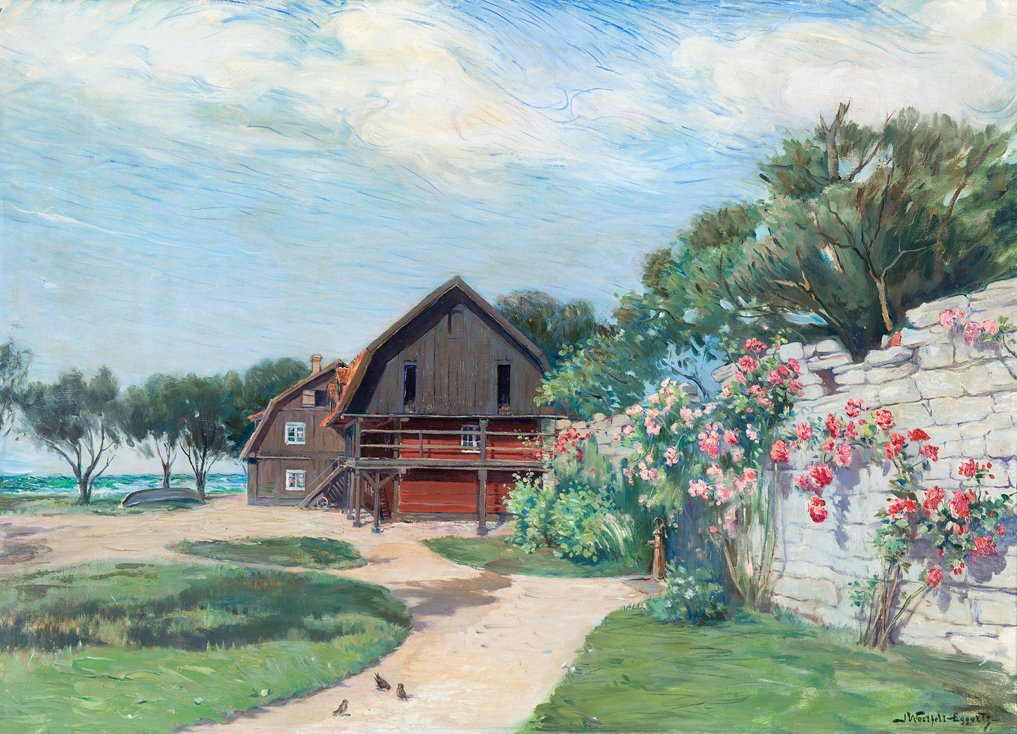 Roses by the Wall, vintage artwork by Ingeborg Westfelt-Eggertz, 12x8" (A4) Poster