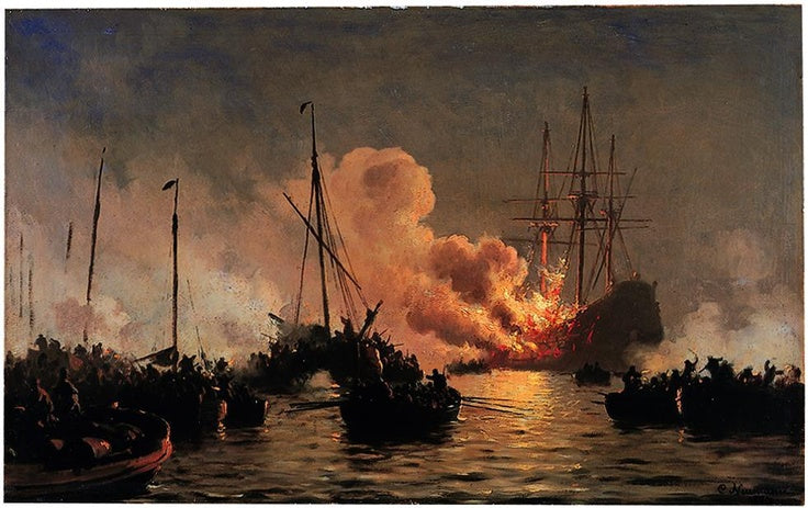 The Ship Dannebroge Burning during the Battle of Køge Bay in 1710, vintage artwork by Carl Neuman, 12x8" (A4) Poster