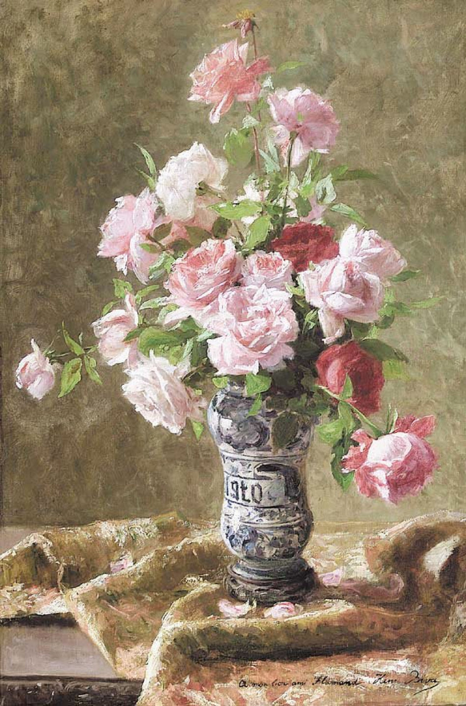 Pink Roses in Full Bloom, vintage artwork by Henri Biva, 12x8" (A4) Poster