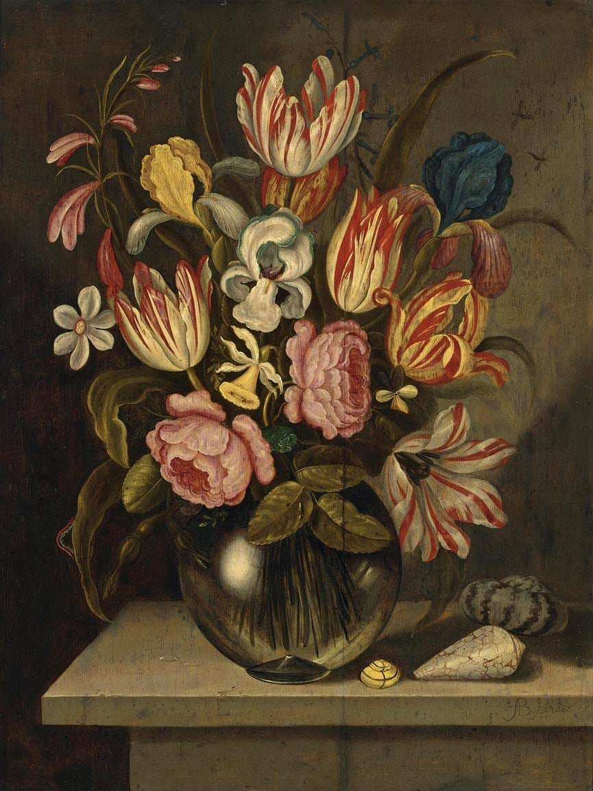 A Still Life of Tulips, Roses, Irises and Daffodils in a Glass Vase, vintage artwork by Abraham Bosschaert, 12x8" (A4) Poster
