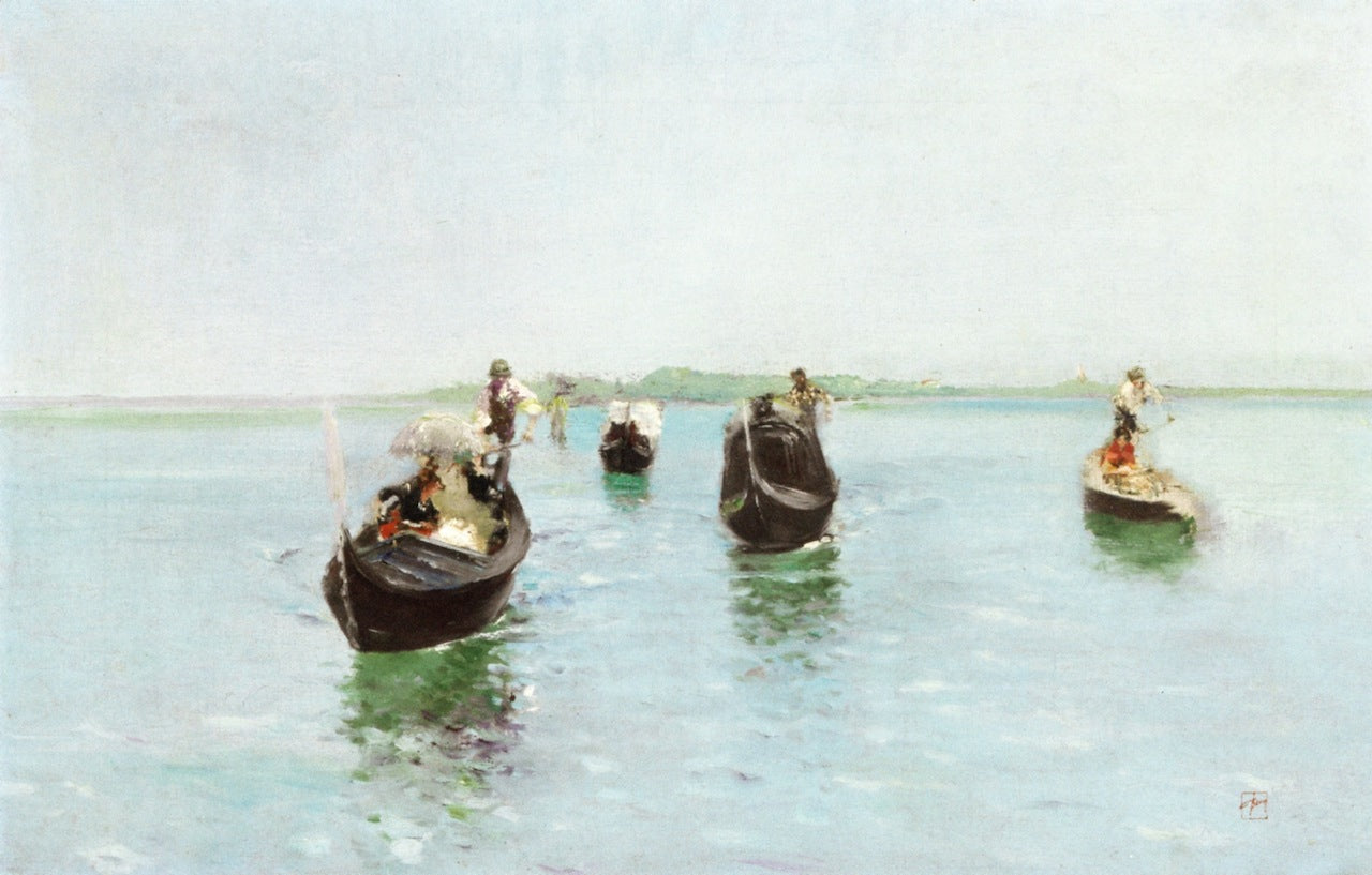 Venetian Gondoliers, vintage artwork by Robert Frederick Blum, 12x8" (A4) Poster