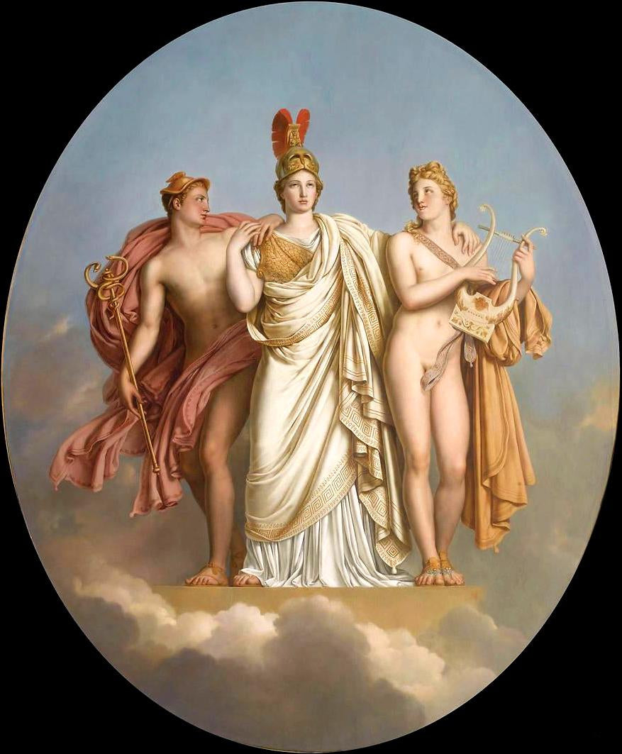 Minerva between Apollo and Mercury, vintage artwork by Anne-Louis Girodet de Roussy-Trioson, 12x8" (A4) Poster