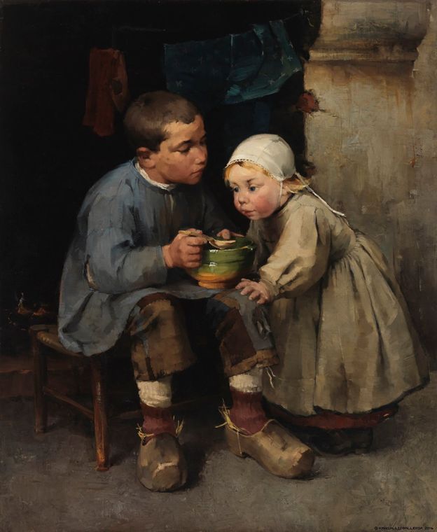 Boy Feeding His Little Sister, vintage artwork by Helene Schjerfbeck, 12x8" (A4) Poster