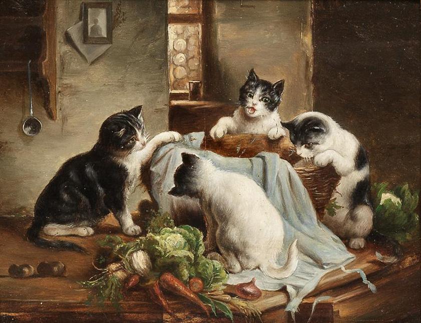 Playful kittens, vintage artwork by Carl Reichert, 12x8" (A4) Poster