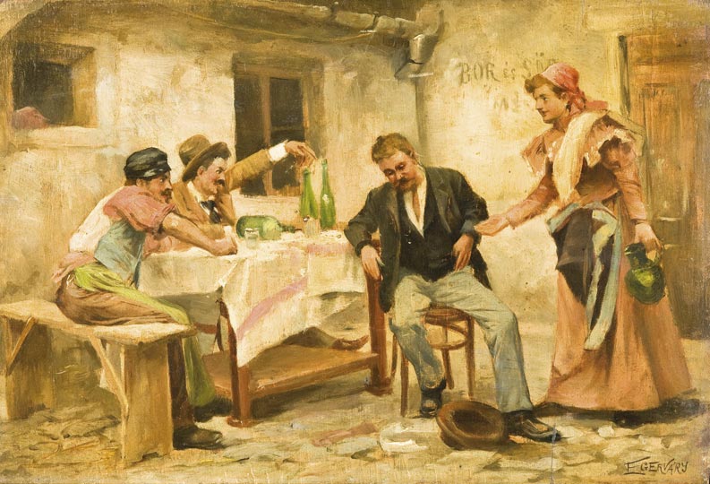 Company Drinking Wine, vintage artwork by Agost Egervary-Potemkin, 12x8" (A4) Poster