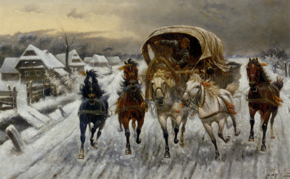 A Russian Caravan Racing in the Snow, vintage artwork by Constantin Stoiloff, 12x8" (A4) Poster