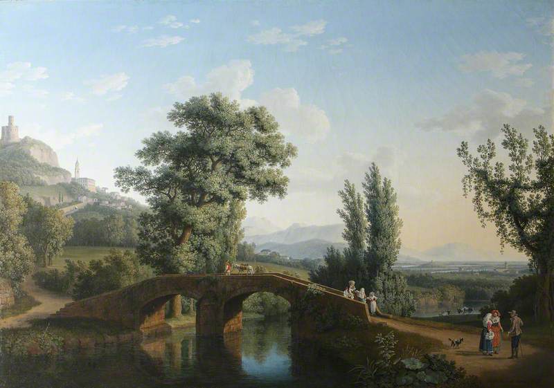 Landscape with a Bridge, with a View of Monte Sarchio, vintage artwork by Jakob Philipp Hackert, 12x8" (A4) Poster