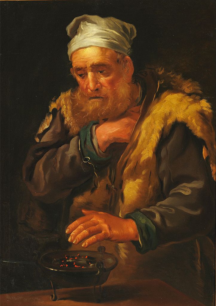 Interior with an old man heating his hands over a brazier, vintage artwork by Eberhart Keilhau, 12x8" (A4) Poster