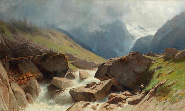 Paysage de montagnes vers Arolla, vintage artwork by Gustave Castan, 12x8" (A4) Poster