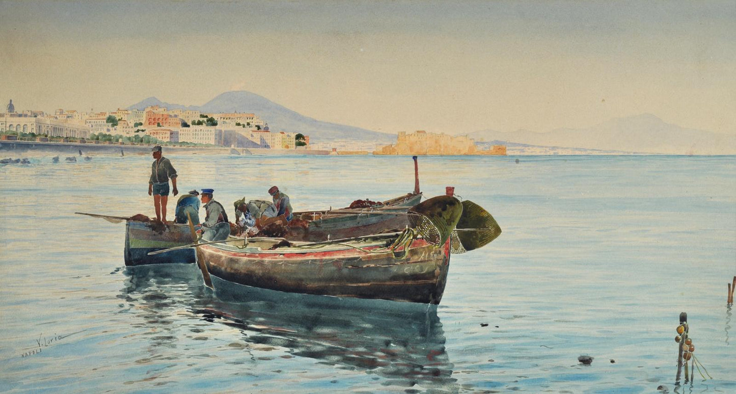 Fishermen in Mergellina, vintage artwork by Vincenzo Loria, 12x8" (A4) Poster