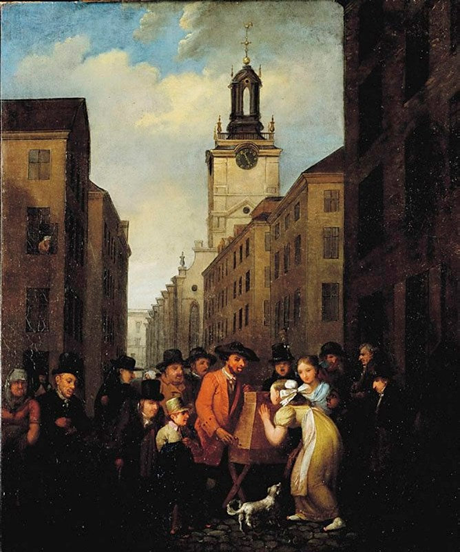 Old man with cabinet, view from Storkyrkobrinken, Stockholm, vintage artwork by Alexander Laureus, 12x8" (A4) Poster
