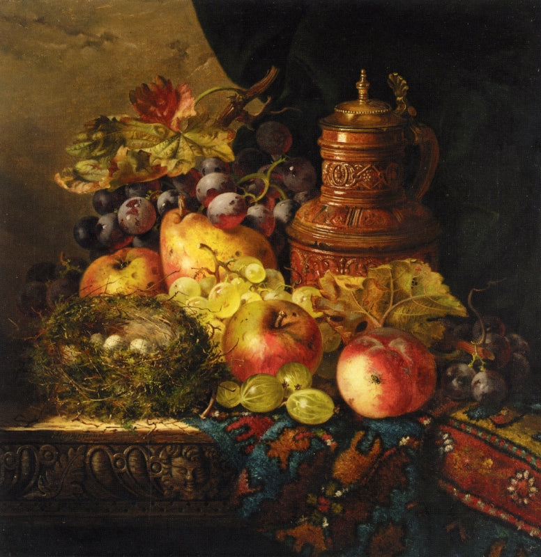 Still Life with Pears, Apples and Grapes, a Bird's Nest and a Jug, vintage artwork by Ellen Ladell, 12x8" (A4) Poster