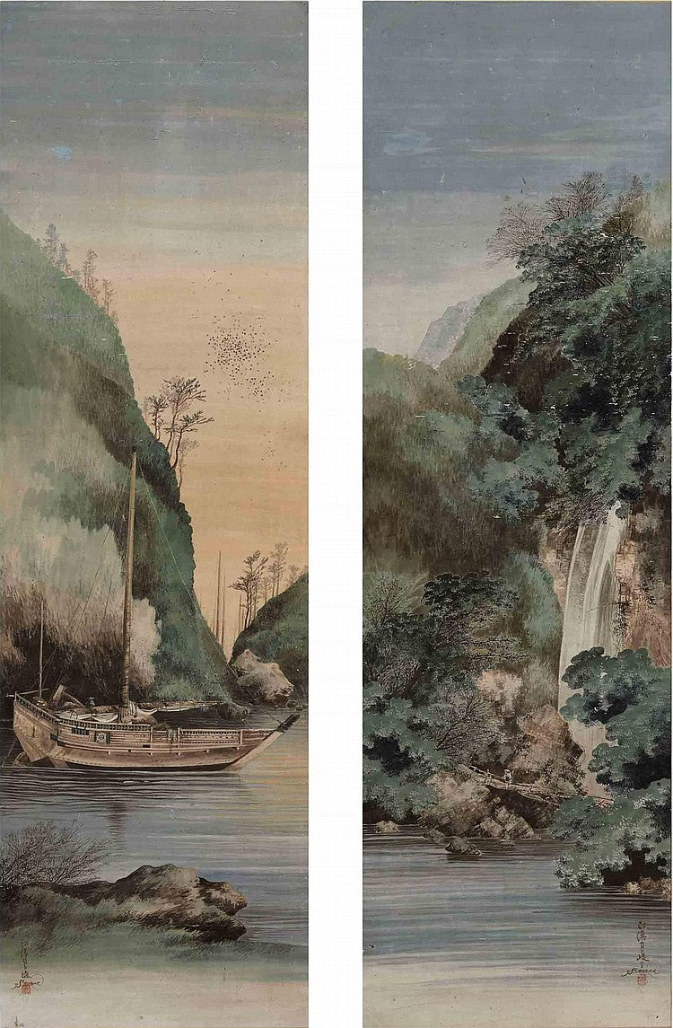 Pair of Untitled Scrolls, vintage artwork by Attributed to Shiba Kokan, 12x8" (A4) Poster