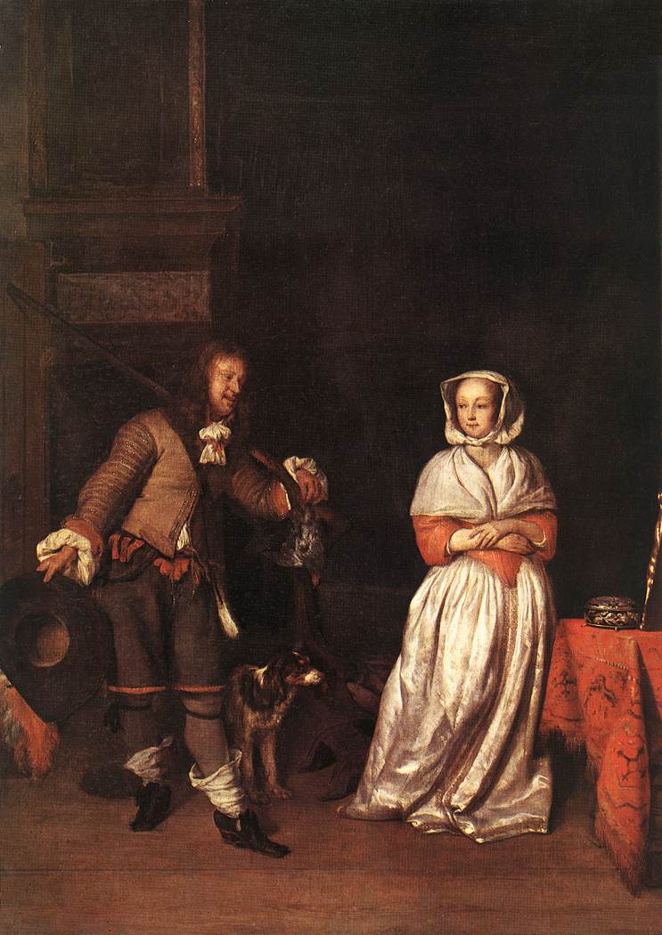 The Hunter and a Woman, vintage artwork by Gabriël Metsu, 12x8" (A4) Poster