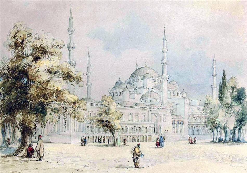 The Blue Mosque, Istanbul, vintage artwork by Count Amadeo Preziosi, A3 (16x12") Poster Print
