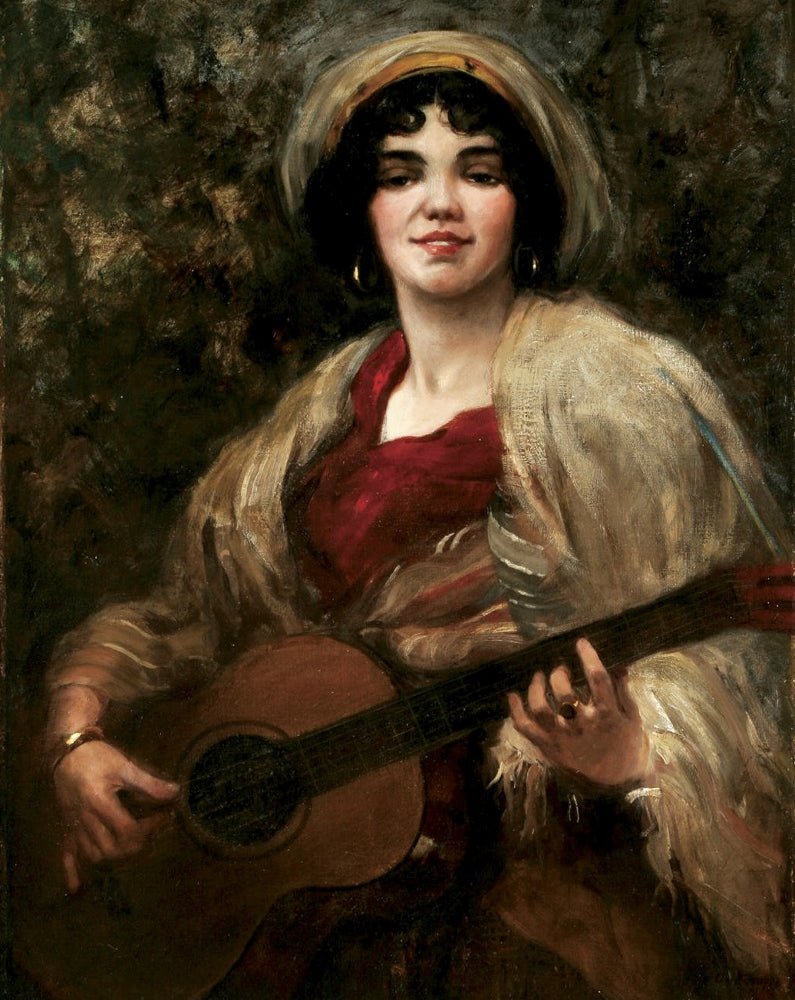 Gypsy girl with guitar, vintage artwork by Charles Paul Gruppe, 12x8" (A4) Poster