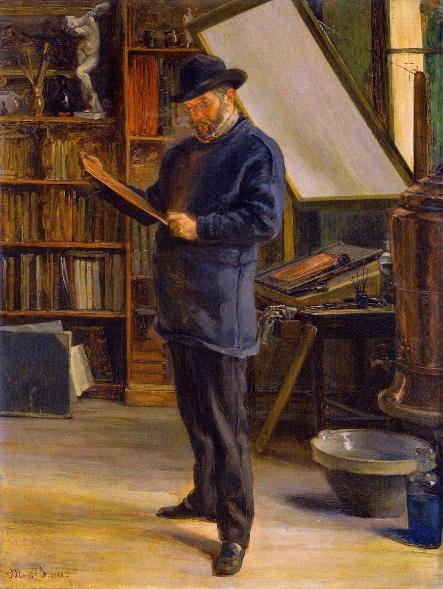 Felix Bracquemond in His Studio, vintage artwork by Marie Bracquemond, 12x8" (A4) Poster