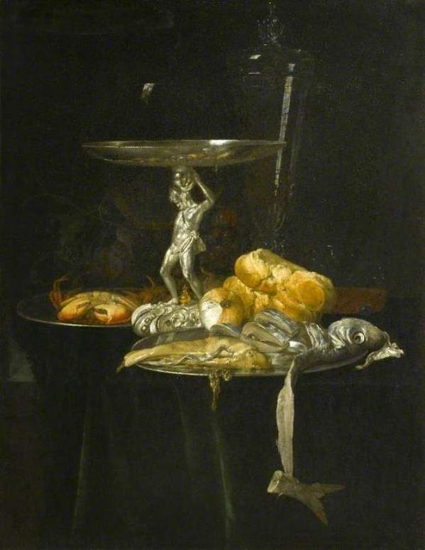 Still Life of a Silver Tazza with a Wine Glass, Crab, Herring, Bread and Onion, vintage artwork by Willem van Aelst, 12x8" (A4) Poster