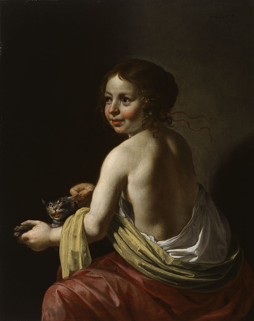 Girl Teasing a Cat, vintage artwork by Jan van Bijlert, 12x8" (A4) Poster