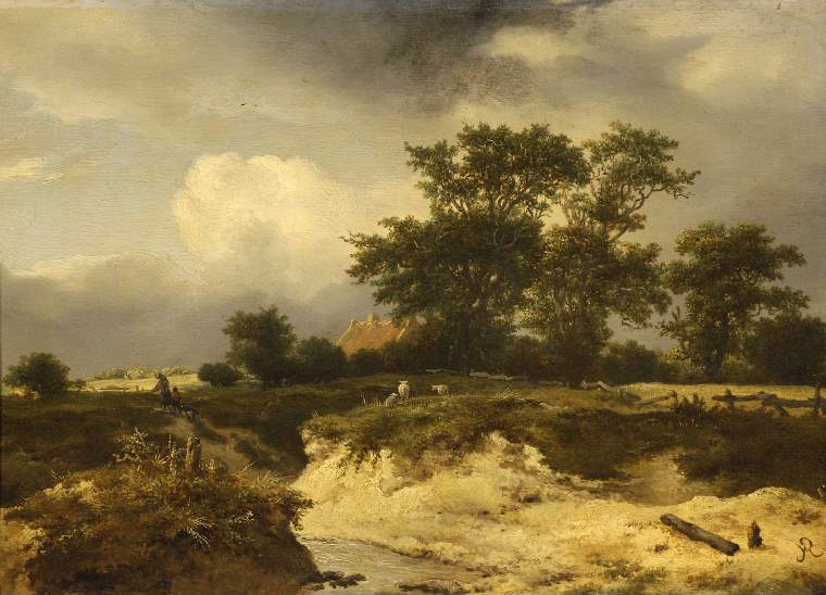 Landscape, a Brook and Farm-house among Trees, vintage artwork by Jacob van Ruisdael, 12x8" (A4) Poster